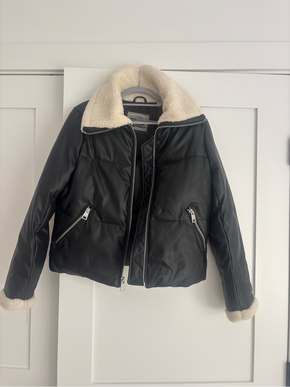 Levi's Black Faux Leather Teddy Jacket with Cream Sherpa Trim